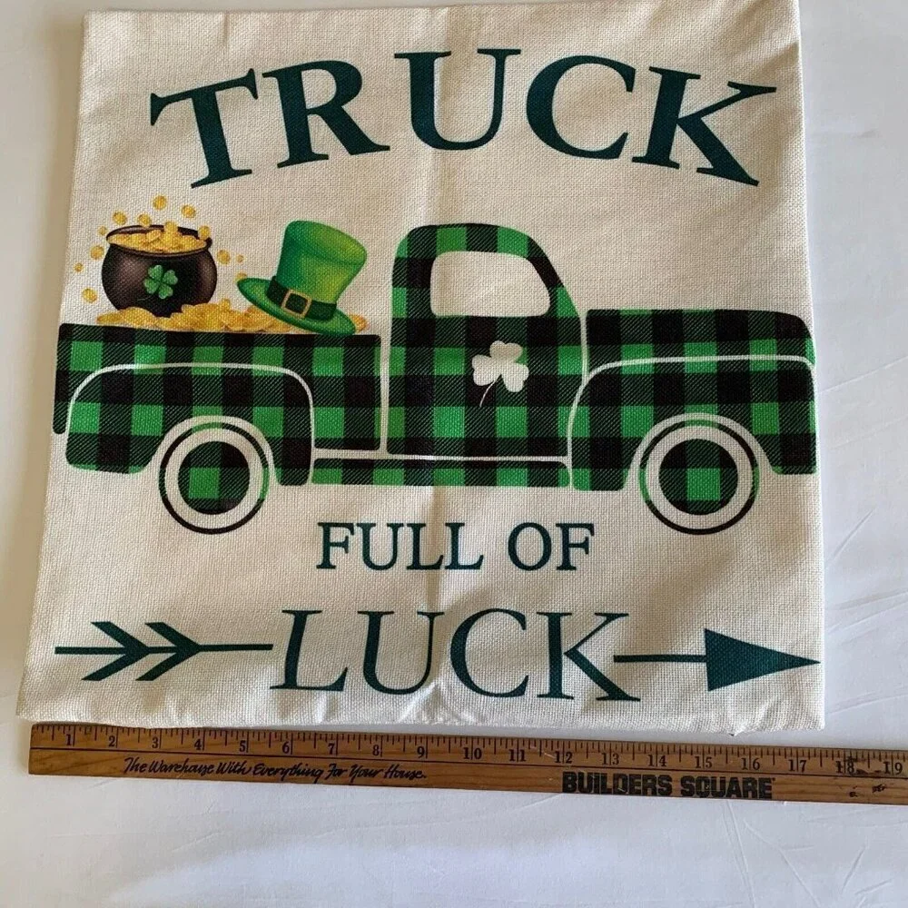 St Patricks Day Green Throw Pillow Cover 17” x 17” Truck Full of Luck Linen